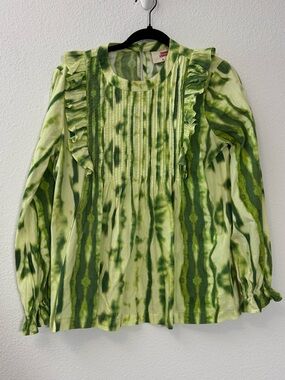 Samant Chauhan Green Tie Dye Cotton Blouse Boho Artisan Pintuck Ruffle Top S